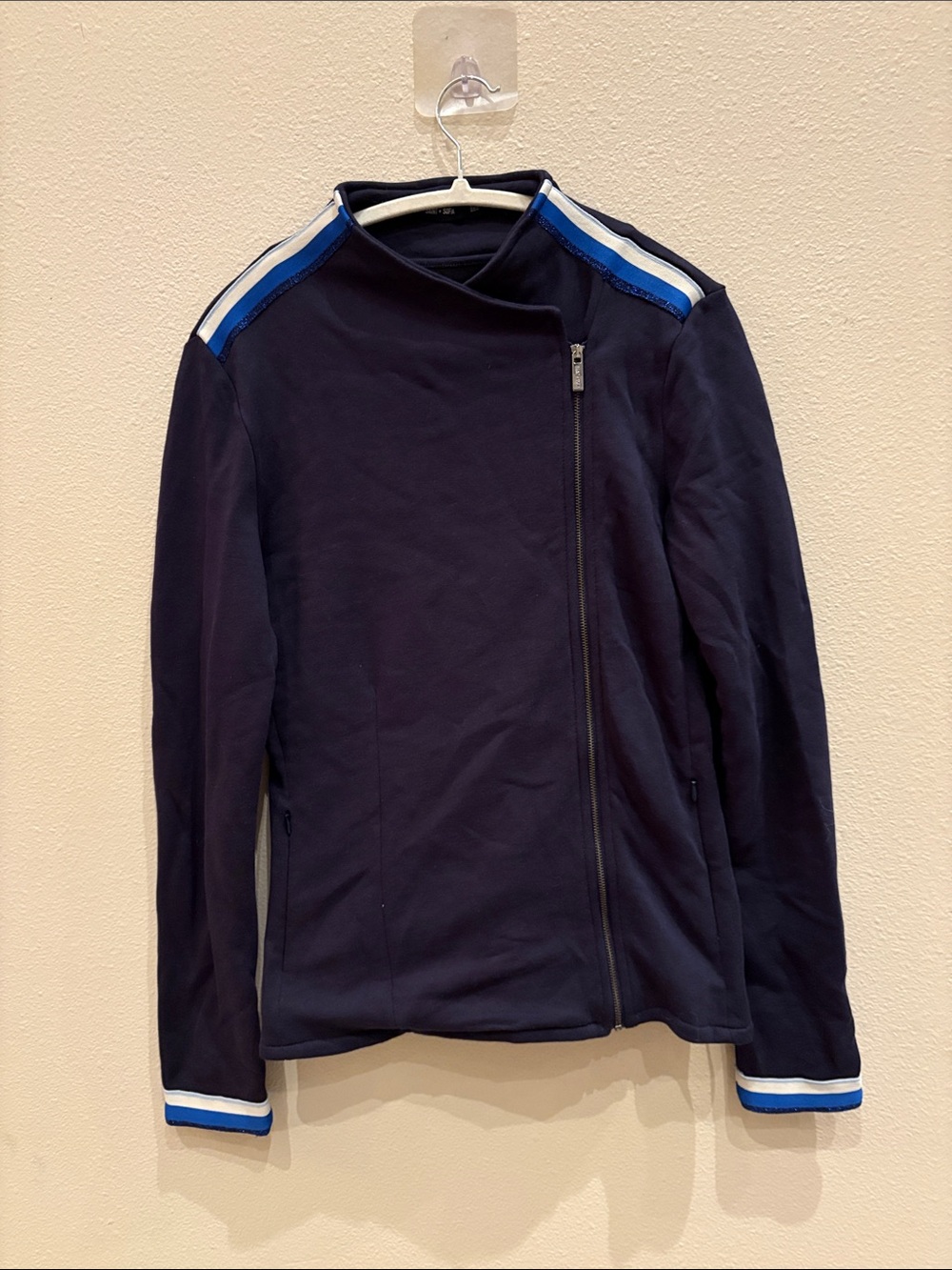 Saint + Sofia Women's Navy Asymmetric Zip Jacket with Blue Stripe Trim
